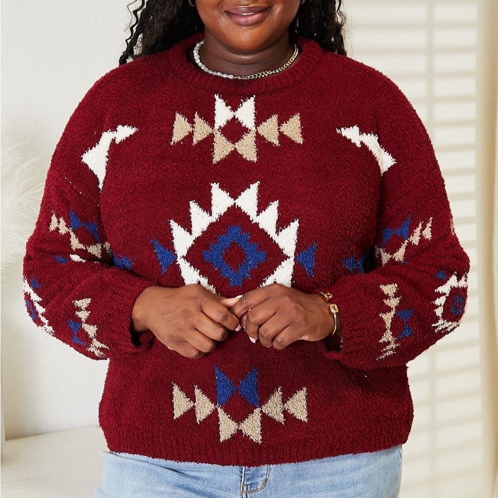 NEW HEYSON Plus Size Southwest Aztec Pattern Soft Fuzzy Sweater in Red Wine